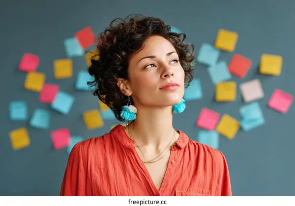 Young Woman with Curly Hair Looking Up Against Colorful Sticky Notes