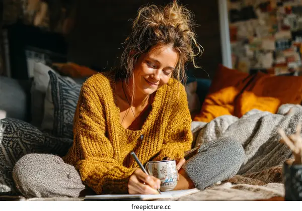 Woman Writing in a Cozy Home Setting