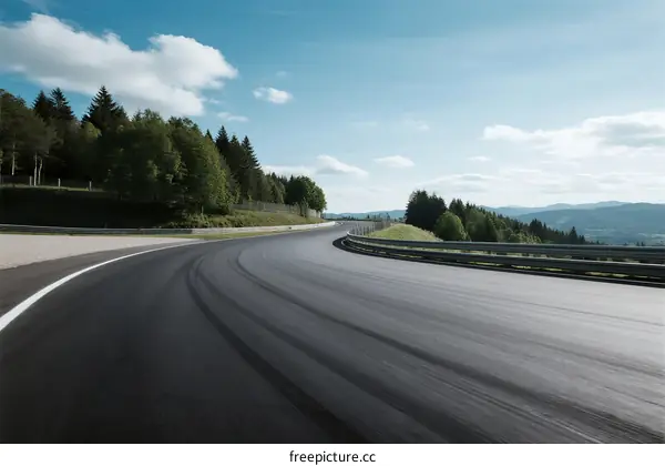 A smooth curved road surrounded by lush green trees under a clear blue sky