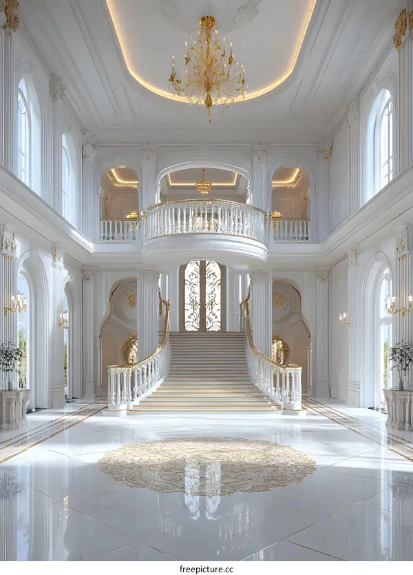 Grand Staircase in a Luxurious White Mansion
