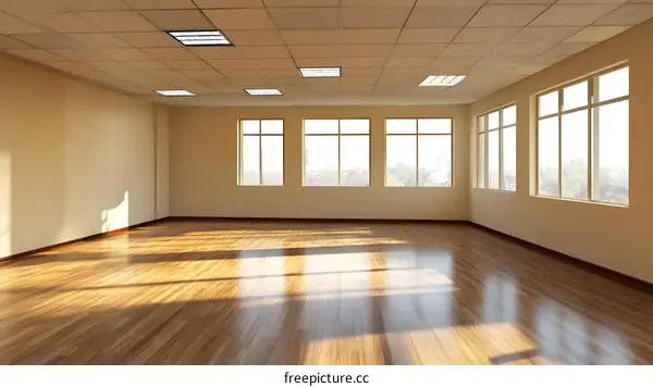 Empty Room With Large Windows and Light Wood Floor