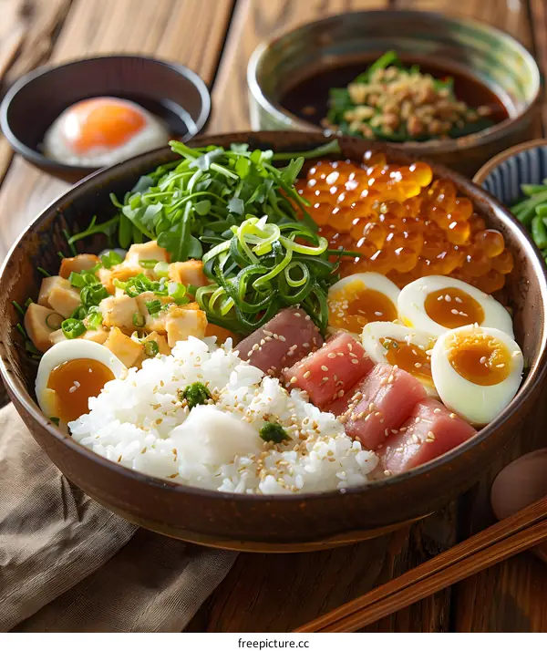 Japanese Rice Bowl with Tuna, Eggs, and Roe