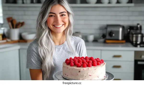 Woman Holding a Delicious Raspberry Cake in a Kitchen