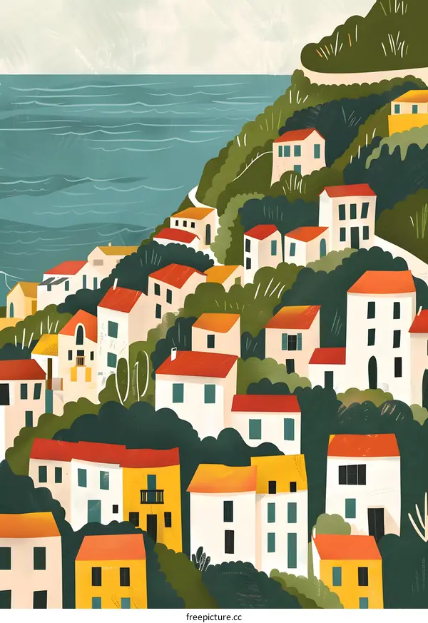 Colorful Houses on a Cliffside Overlooking the Ocean