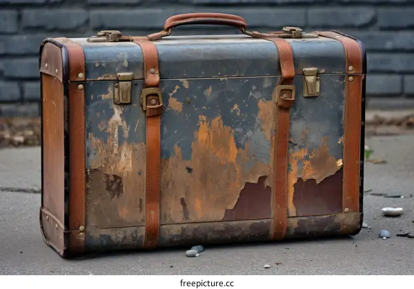 Vintage suitcase with peeling blue paint and brown leather straps