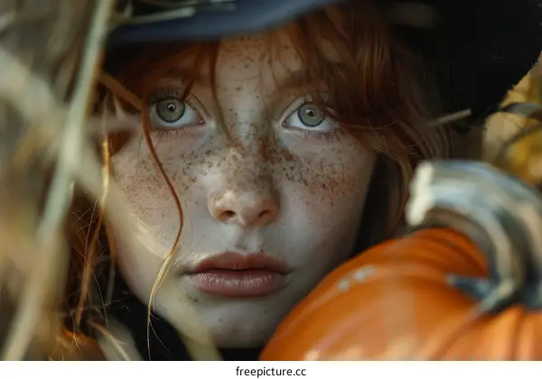 Freckled Green-Eyed Girl with Pumpkin in Witch Hat