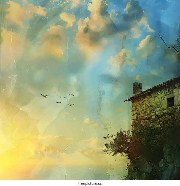 Vintage Painting Of A Stone House With Clouds And Birds