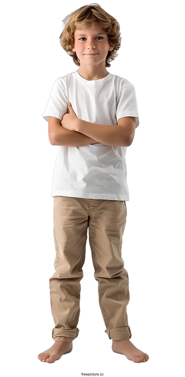 [Transparent Background PNG]Portrait of a Young Boy with Freckles Standing in Front of a White Background