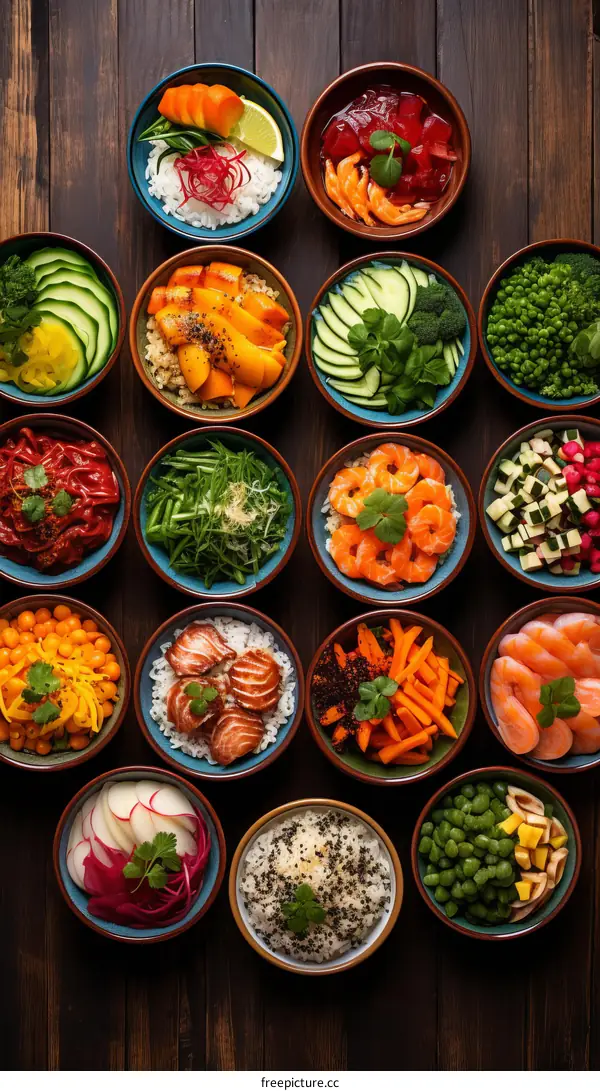 Various bowls of food including poke bowls, salads, and grain bowls
