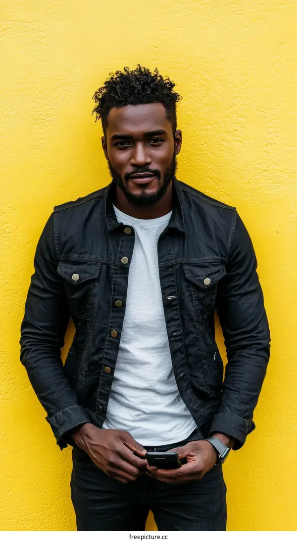Stylish African Man Holding Smartphone Against Bright Yellow Wall