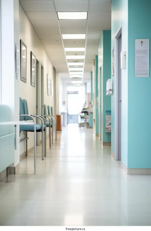 Blue and white hospital hallway