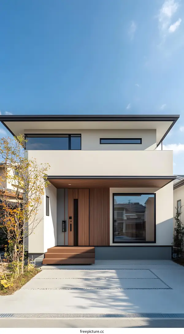 Modern Minimalist Two Story Home Exterior Design with Wooden Accents