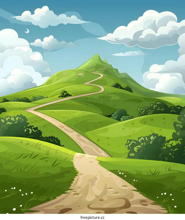 Winding Road Through Green Hills Leading To Mountain Peak