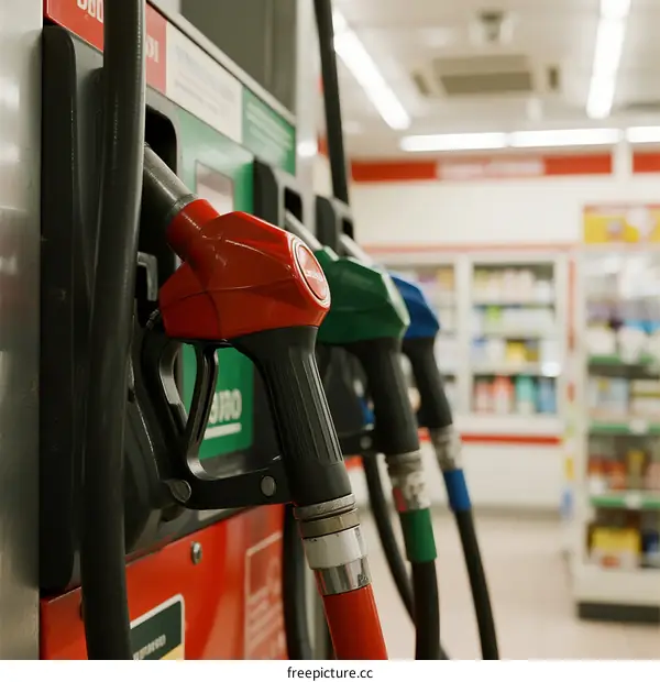 Close-up view of fuel nozzles at a gas station