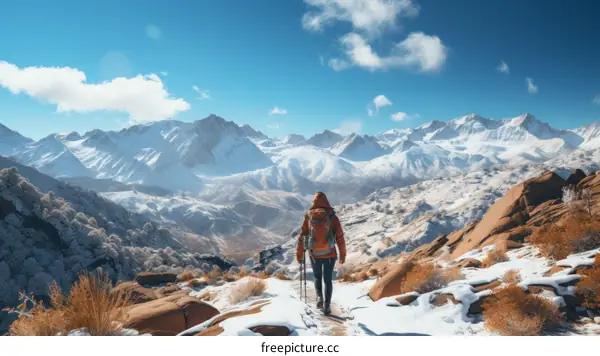 A lone hiker traverses a snowy mountain landscape with a majestic mountain range in the distance