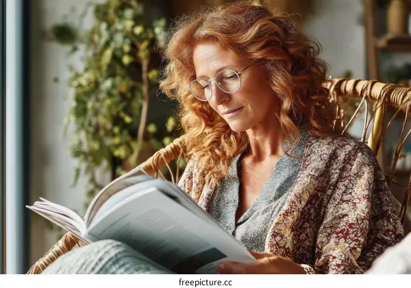 Mature Woman Reading a Magazine in a Comfortable Chair