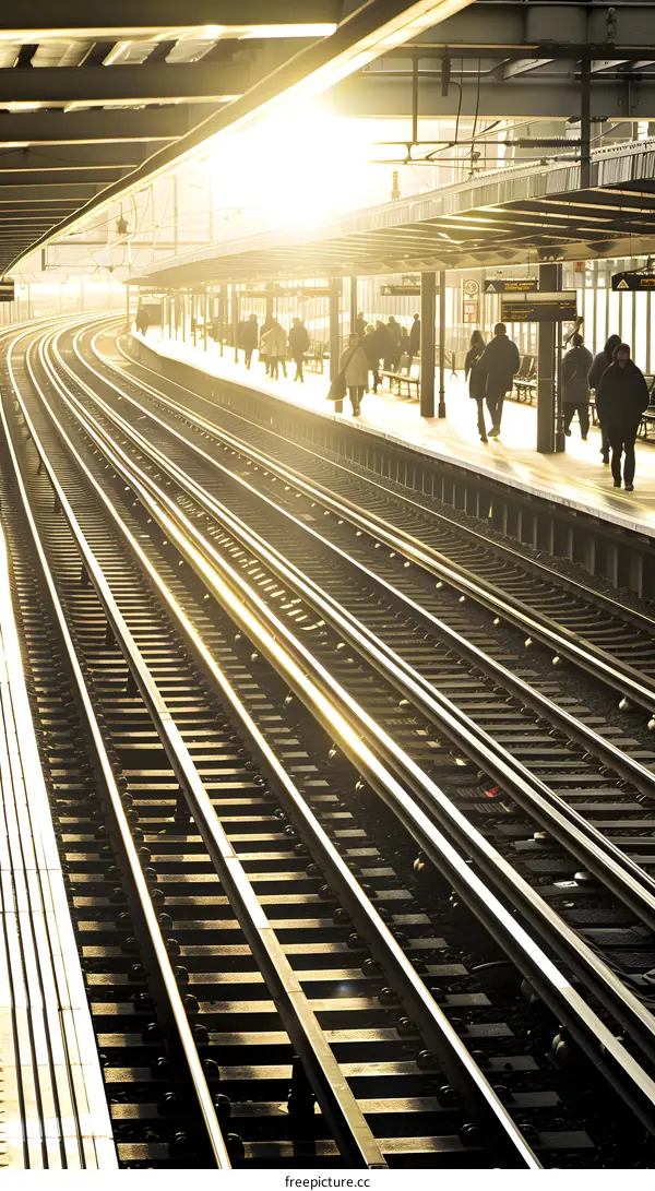 Train Tracks at a Railway Station in the Sunset