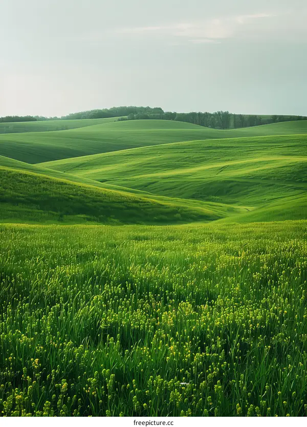 Green rolling hills of wheat field with yellow flowers
