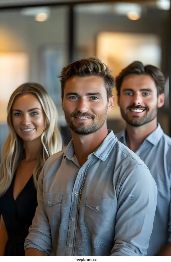 Three young professionals posing for a photo in an office
