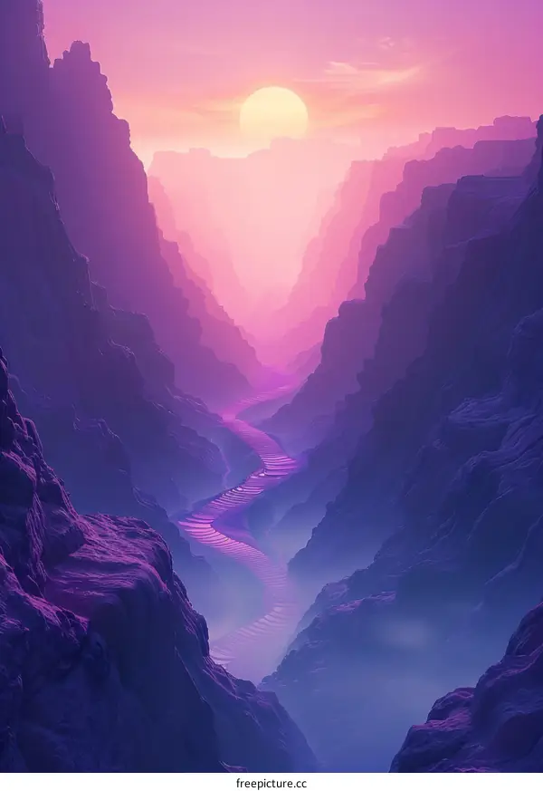 Purple Mountains and Canyon Landscape with Sun