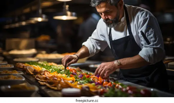 Chef carefully preparing a delicious meal in a commercial kitchen