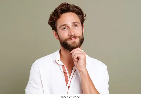 Thoughtful young man with beard touching chin against plain background