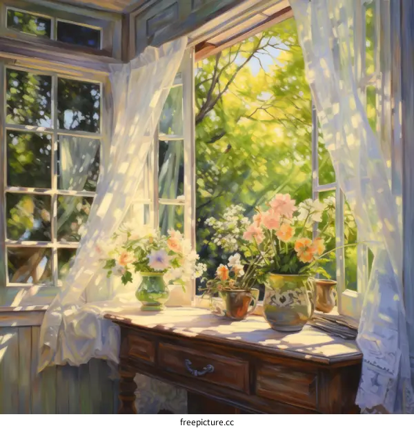 Sunlit Room Interior with Flowers by the Window