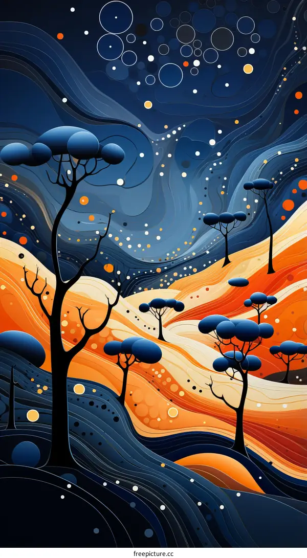 Blue and orange illustration of a forest with round shapes in the background