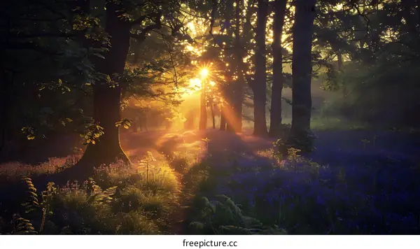 The sun shines through the forest