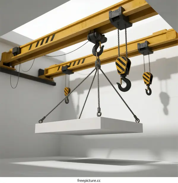Overhead Crane Lifting Heavy Concrete Block in Modern Workshop