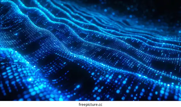 Blue Wavy Digital Landscape with Binary Code