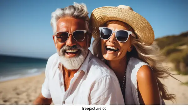 Happy retired couple on the beach