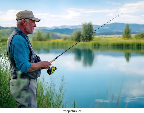 Senior Man Fishing in a Lake on a Sunny Day