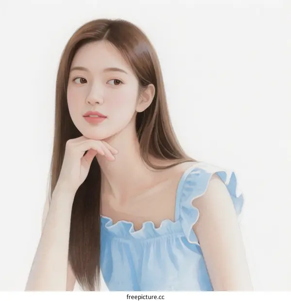 Young Asian Woman with Long Brown Hair Wearing Blue Dress