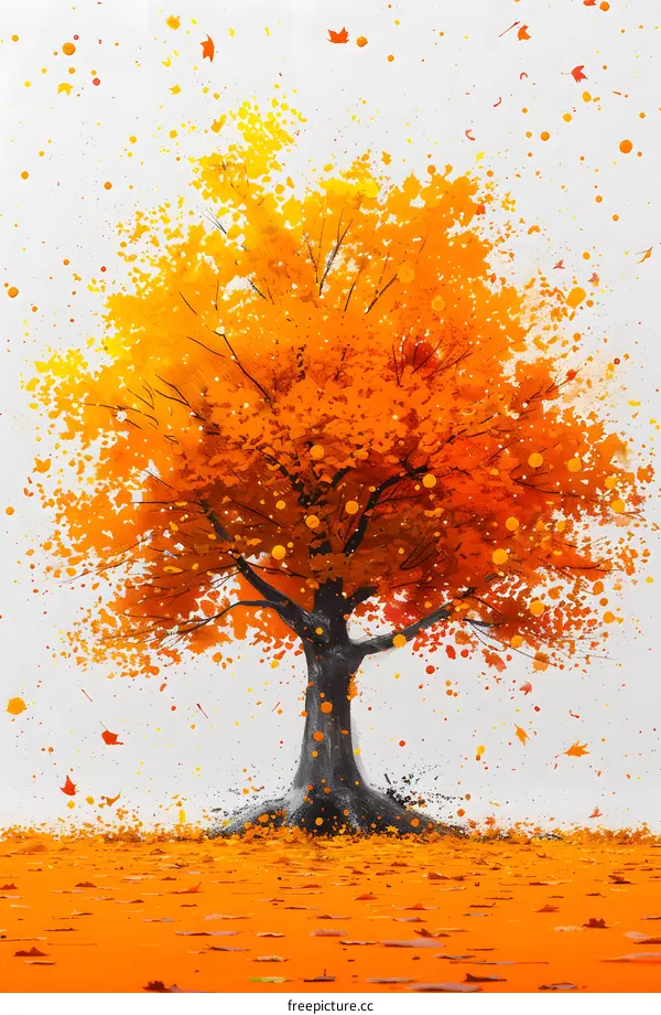 Colorful tree with falling leaves in autumn