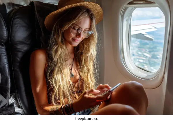 Woman using phone on airplane window seat