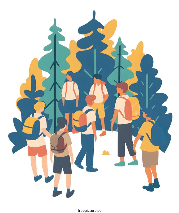 Group of People with Backpacks Standing in Forest
