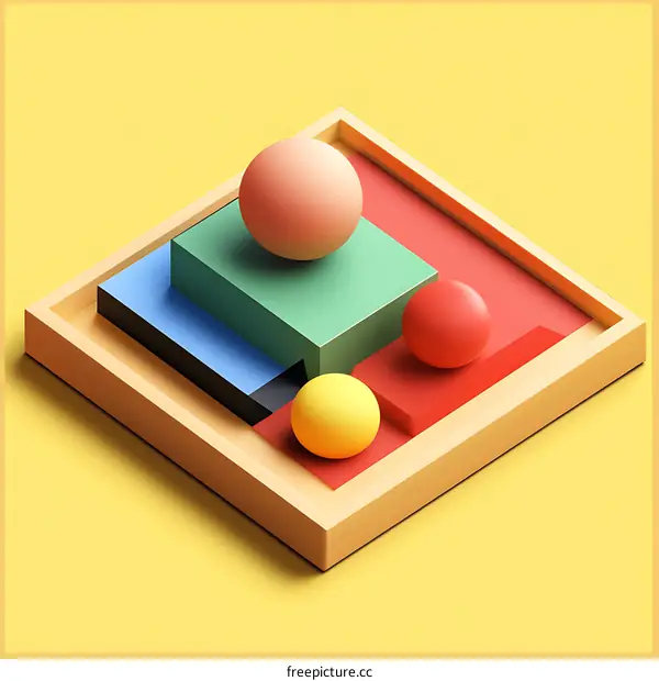 Abstract Geometric Shapes in Wooden Frame on Yellow Background