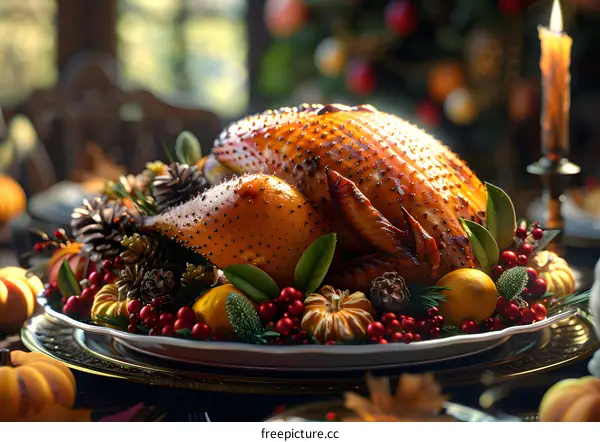 A delicious Thanksgiving turkey sits on a table decorated with pumpkins, gourds, and pine cones.