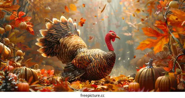 A Thanksgiving turkey surrounded by pumpkins and fall leaves