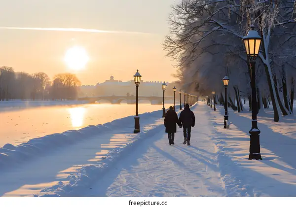 Couple Walking on Snowy Path by River at Sunset