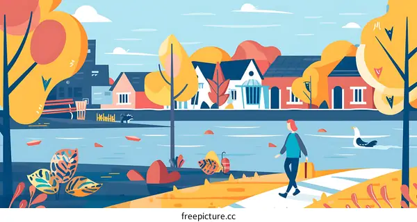 Woman Walking by the River in a Small Town