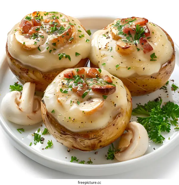 Stuffed Mushrooms with Cheese and Bacon on White Plate