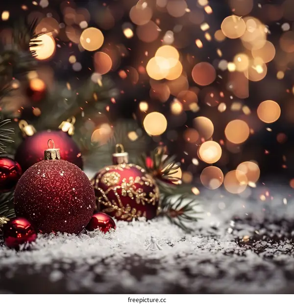 Festive Christmas Ornaments with Fir Branches on Snow