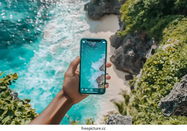 Hand Holding Smartphone Taking Photo of Ocean Waves and Rocks
