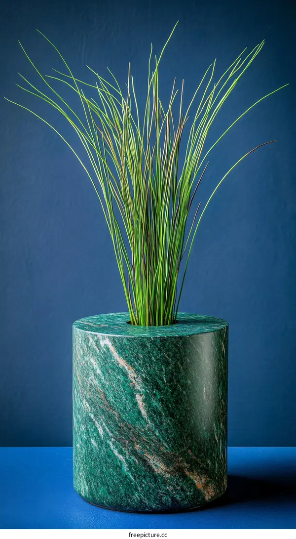 Emerald Green Marble Vase with Grassy Plant