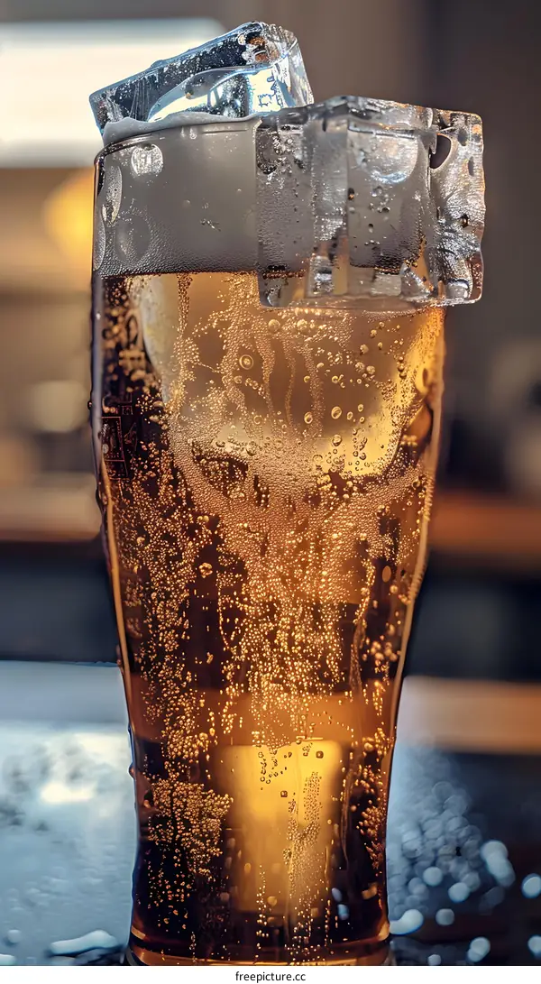 Close up of a glass of beer with ice cubes