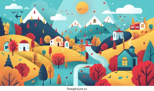 Autumn Landscape with Mountains and Houses