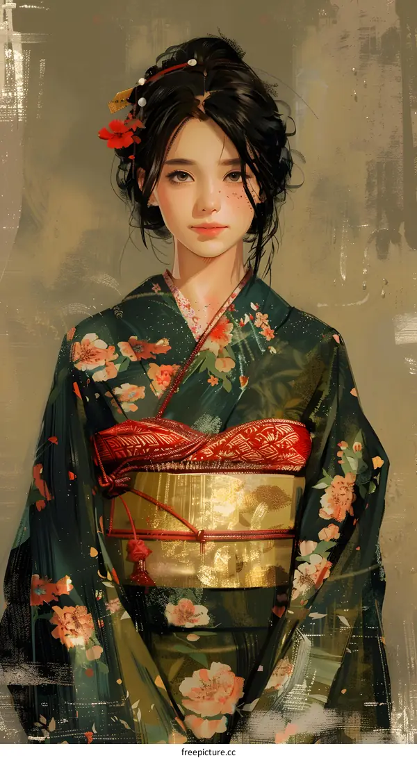 An Asian woman wearing a kimono with floral patterns