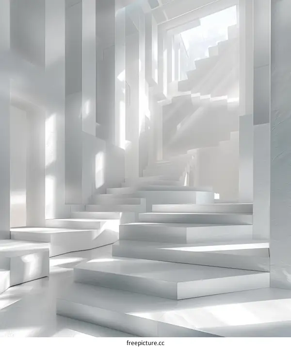 Modern White Staircase with Geometric Shapes and Sunlight